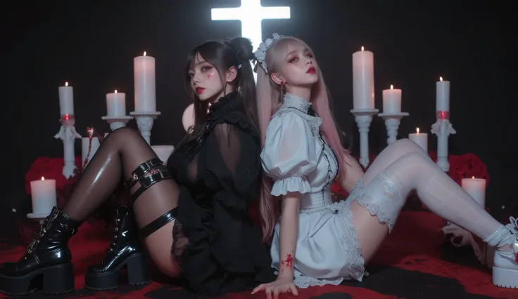 (Meisterwerk), (best quality), ultra-detailliert, fotorealistisch,  8k resolution , Kinematic daylight, 
two gothic girls sitting back to back, symmetrical dramatic pose,  
Left girl: black ruffle dress, black twin buns, black and white striped overknees, ...
