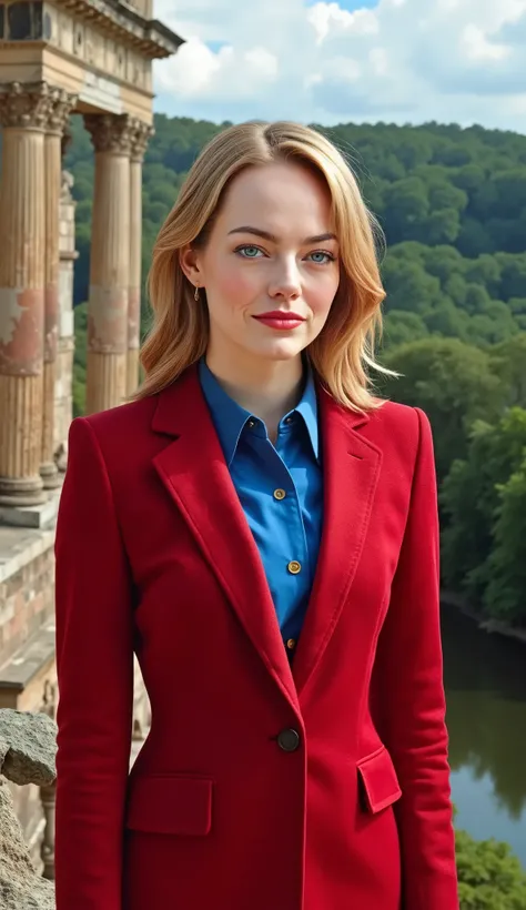 Emma Stone in a red suit and blue shirt underneath in 20k cinematographic, background a palace and ruined pillars and trees with a forest and a river, In high quality upper body