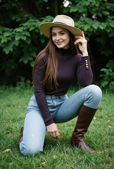 Ultra-realistic countryside portrait of a beautiful young woman kneeling on one knee over lush green grass, wearing a wide-brim straw hat, a fitted long-sleeve dark purple sweater with gold button accents on the cuffs, light blue high-waisted jeans, and ta...