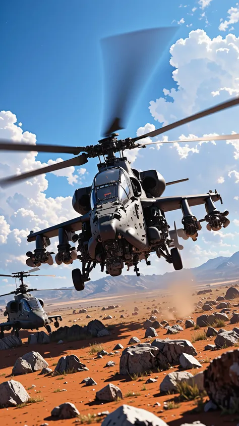 highdefinition image、Ah- hovering in a desolate wilderness、Image of a UH-60 waiting while supporting it、Blue Sky and Plateau