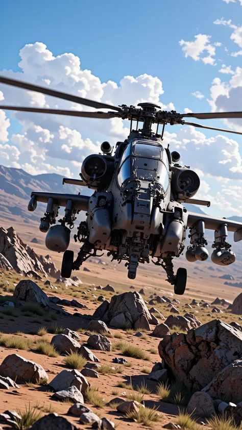 highdefinition image、Ah- hovering in a desolate wilderness、Image of a UH-60 waiting while supporting it、Blue Sky and Plateau