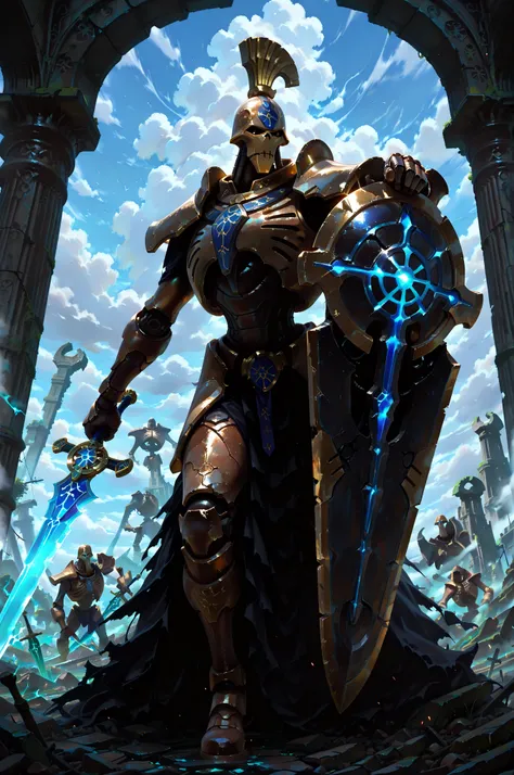 (masterpiece, best quality:1.2), highly detailed, fantasy theme, solo, 1 golem , blue ceramic armor, bearer a circular shield and long sword  a  ruins on background, fan art, 
