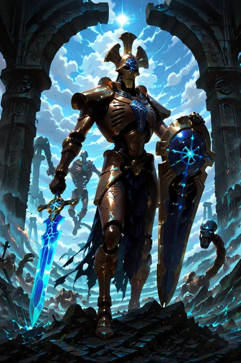 (masterpiece, best quality:1.2), highly detailed, fantasy theme, solo, 1 golem , blue ceramic armor, bearer a circular shield and long sword  a  ruins on background, fan art, 