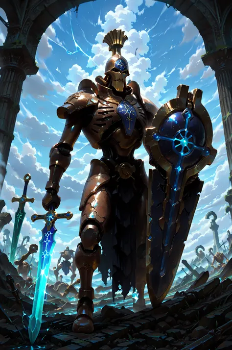 (masterpiece, best quality:1.2), highly detailed, fantasy theme, solo, 1 golem , blue ceramic armor, bearer a circular shield and long sword a ruins on background, fan art,