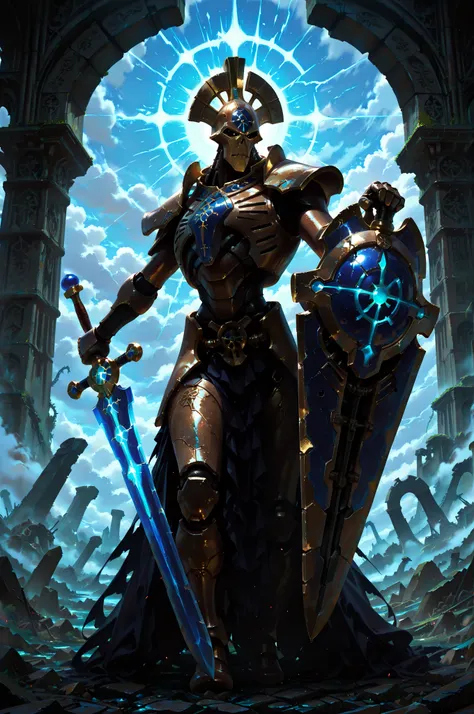 (masterpiece, best quality:1.2), highly detailed, fantasy theme, solo, 1 golem , blue ceramic armor, bearer a circular shield and long sword  a  ruins on background, fan art, 