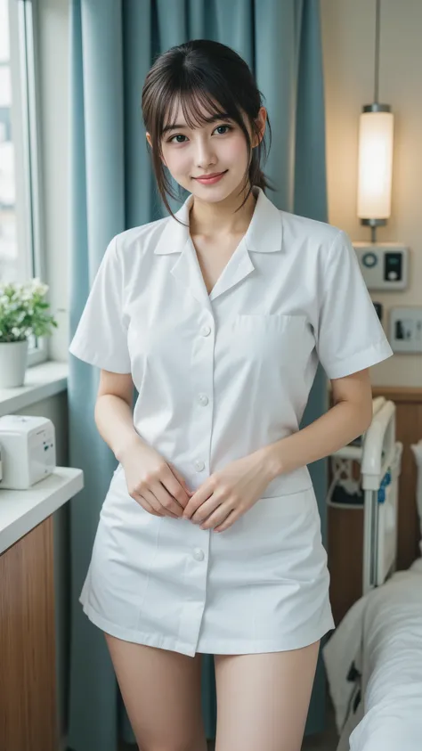 ((Young face, Slender Japanese Women )), She's standing beside her hospital bed, She looks like a flowing night , (( Japanese Female Nurse)), Her expression is gentle, she looks forward and smiles happily、Thin Waist, slim hipline, thin legs, super high re...