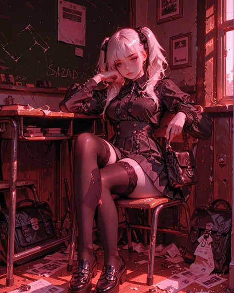 gothic schoolgirl, pale skin, thick thighs, medium-sized breasts, long white hair in two high pigtails with black lace ribbons, wearing a black pleated skirt with subtle lace trim, fitted gothic blouse with puffed sleeves and silver buttons, black tie, lac...