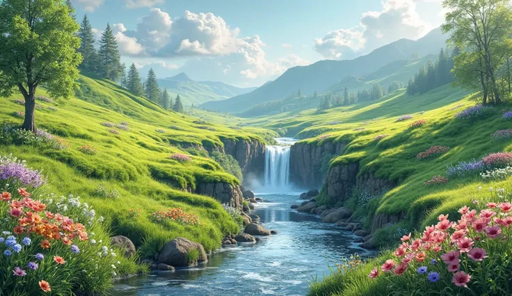 Ultra-realistic 3D embossed spring valley in 16:9, designed to leap off the screen. Velvety green meadows, rolling hills, and clusters of wildflowers in jewel-like colors surround a graceful waterfall feeding a winding river. The embossed textures produce ...