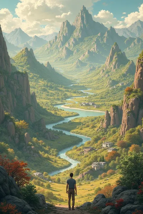 I would like you to collect all the previous photos in a single panoramic landscape to recreate the scene from chapter 5 entitled Returns of a World for Julius