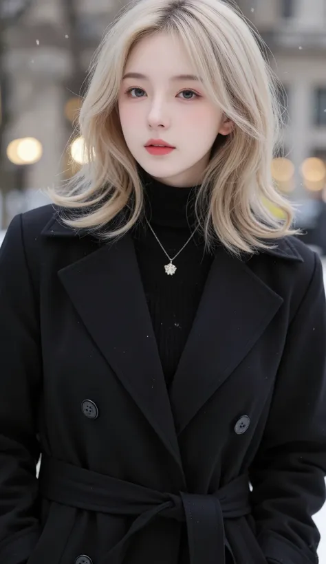 Girl wearing, luxury trench black coat, black turtle neck sweater , shoulder length hair, wavy hair, glowing skin, star in eye, red lips, suitable background, cute poses , upper body, light blonde hair, cute poses. Winter season, light nose blush