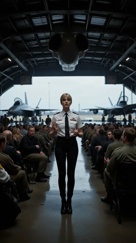 highdefinition image、Movie Top Gun、Female Instructor Giving a Lecture in Front of F-18、A 生徒達 is sitting on a chair、Inside the Air Force Base Hangar