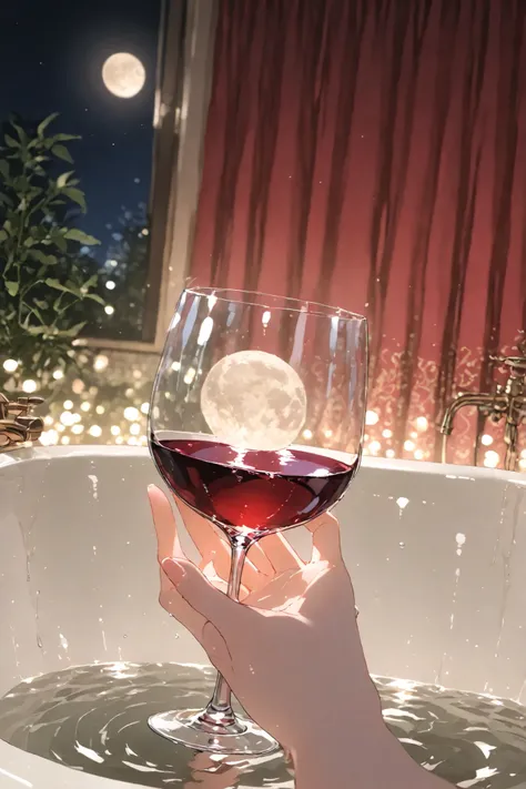Elegant Wine Night Drunken by Moonlight。one woman、solo、Moonlit Bathroom、Bathtub with wine、woman with long blonde hair gathered on top is in a bathtub filled with wine、are soaked to the chest、Long blond hair gathered at the top、Holding a wine glass graceful...