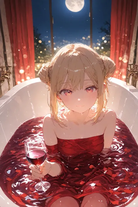 Elegant Wine Night Drunken by Moonlight。one woman、solo、Moonlit Bathroom、A bathtub with plenty of red liquid、A woman is in a bathtub with red liquid、、wash your hair with poop、Soaking up to the shoulder in the bathtub、Blonde、tall bun hair、Holding a wine glas...