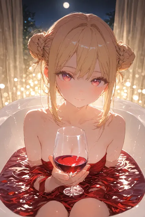 Elegant Wine Night Drunken by Moonlight。one woman、solo、Moonlit Bathroom、A bathtub with plenty of red liquid、A woman is in a bathtub with red liquid、、wash your hair with poop、Soaking up to the shoulder in the bathtub、Blonde、tall bun hair、Holding a wine glas...