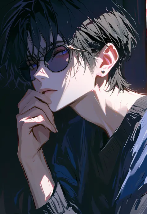 anime,scenery,PEAnimeBG,Background, impasto, short hair, Masterpiece, best quality , 1 person , black hair with GLAY inner hair color , perfect face , GLAY Eye , handsome man , Alone, blue-white skin , adult male , upper body , Delicate line dr...