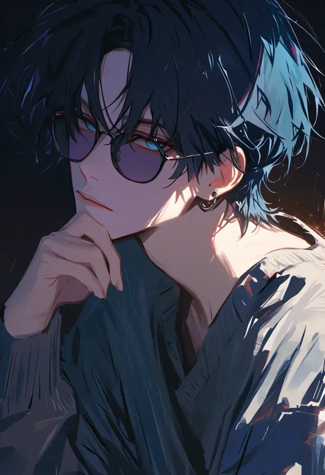 anime,scenery,PEAnimeBG,Background, impasto, short hair, Masterpiece, best quality , 1 person , black hair with GLAY inner hair color , perfect face , GLAY Eye , handsome man , Alone, blue-white skin , adult male , upper body , Delicate line dr...