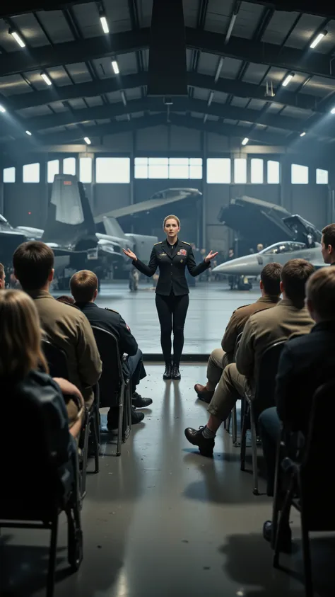 highdefinition image、Movie Top Gun、Female Instructor Giving a Lecture in Front of F-18、A 生徒達 is sitting on a chair、Inside the Air Force Base Hangar