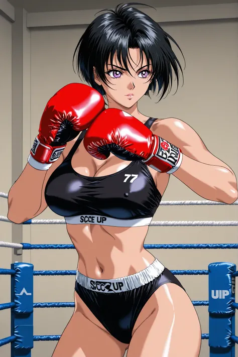 1 girl,solo ((short hair: 1.2)), ((black hair: 1.4)), 　、straight hair, purple eyes, big beautiful eyes, 1 girl with beautiful double eyelids, beautiful upper and lower eyelashes, , , beautiful upper and lower eyelashes , teenager, tomboy, 
Sports bra, boxi...