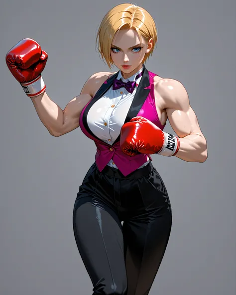 1girl, KOFKing, short blonde hair, large breasts, bowtie, sleeveless suit, boxing gloves, black pants
