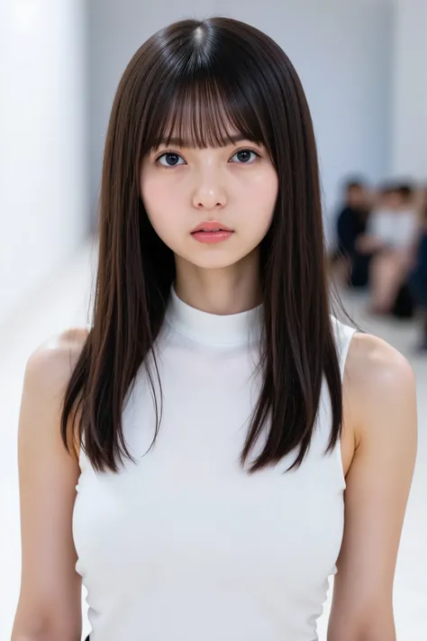 32k, (masterpiece:1.2, Highest quality, Ultra-high resolution, Super detailed), top quality, ((cute girl)), fair skin, neutral expression, 
sharp focus, blurred background, looking at viewer, ((A girl walking down the runway of a fashion show wearing a whi...