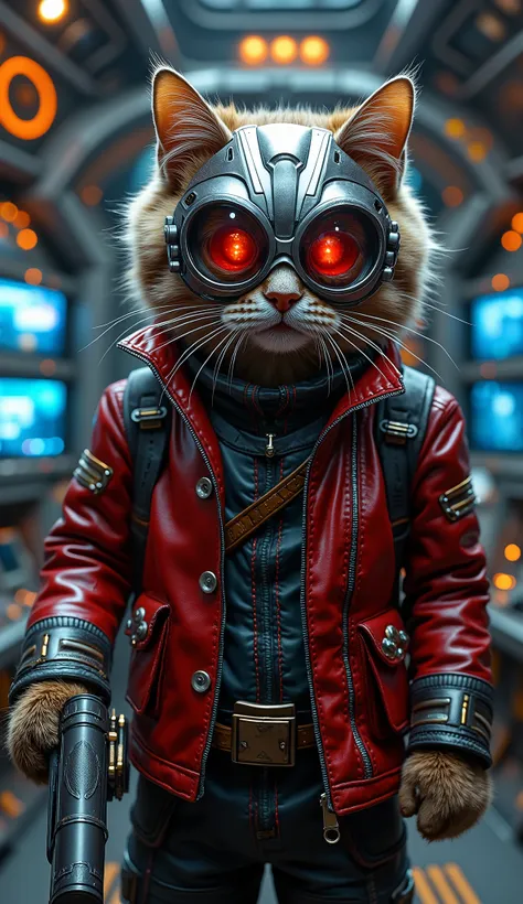 A cool cat wearing Star-Lord’s iconic Marvel outfit — detailed red leather jacket with metallic shoulder pads, utility belts, and the signature silver high-tech mask with glowing red eyes. The cat stands confidently inside a futuristic spaceship control ro...