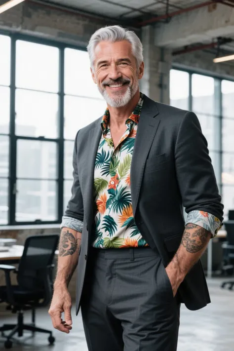 ultra realistic portrait of a fit silver-haired man in his late 50s with a neatly groomed beard, wearing a tailored charcoal suit jacket over a vibrant tropical-print shirt, sleeves rolled to show forearm tattoos, standing in an industrial loft office with large windows, confident smirk, cinematic lighting.