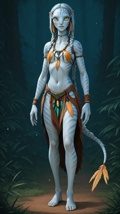 A stunning alien woman. She has luminous pure white skin with a soft bioluminescent glow along her cheekbones and collarbones, long flowing silver hair with braids, and large opalescent eyes with vertical pupils. She has a slender & tall body with elongate...