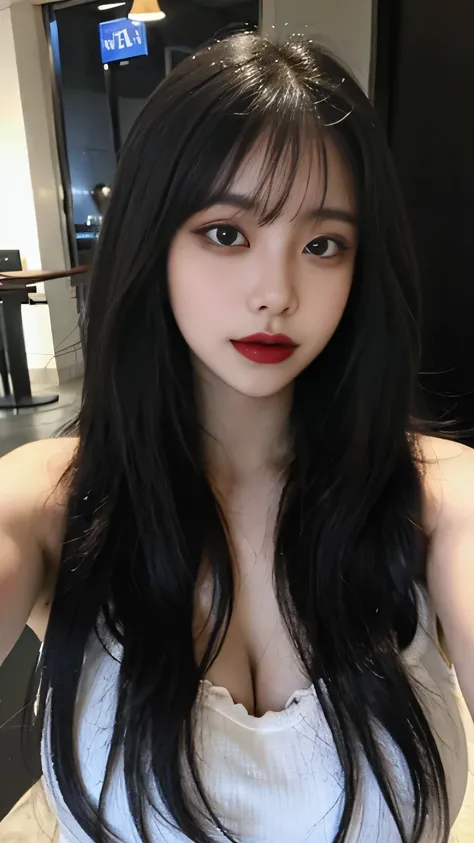 1 girl, beautiful girl, ((huge tits)), long black hair, straight hair, hair with bangs, bangs, black eyeliner, black lipstick, realistic,Korean, taking a selfie, with a dog