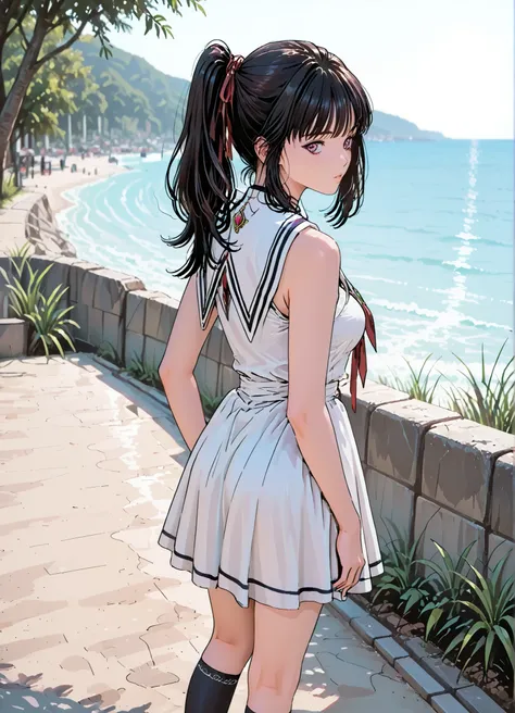 (masterpiece, Highest Quality:1.2), one girl, ((Long Hair))ponytail tied with a red ribbon, ((Knee Socks)), Exposed Shoulders, ((gem)), (( no sleeve )), white sailor dress,red sneakers,Standing in a park on a hill and looking at the ocean
