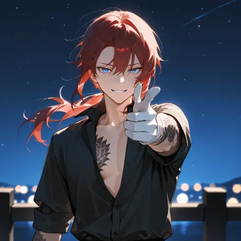 score_9, score_8_up, score_7_up, masterpiece, best quality, detailed face, 1 boy, solo, beautiful, modest chest, slender body, mature, masculine, light makeup, grinning, red hair, long hair, blue eyes, low ponytail, black outer, unbuttoned white shirt inne...