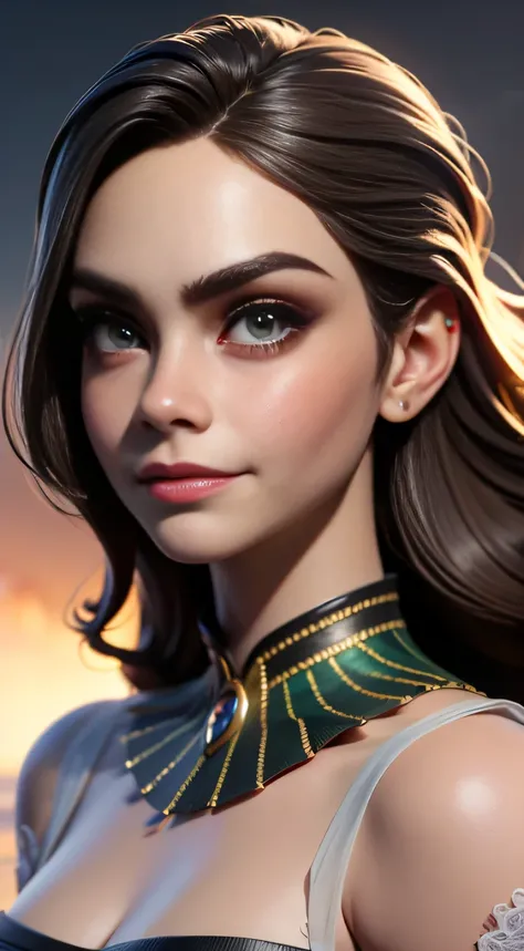 RAW digital art, ultra-realistic 3D render of a stunning woman resembling Cara Delevingne, ((highly detailed face:1.3)), flawless skin texture, expressive eyes with subtle reflections, soft shadows and cinematic studio lighting, Pixar-inspired style blendi...