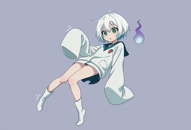 Anime Masterpiece、Highest Quality、super high resolution、clean line、Cell painting +soft gradation、Neon Tone。 Tight framing。an adorable ghost girl in a white uniform is floating、Bad look with dark eyes、 Mouth slightly open。 light blue short hair。Her lower b...