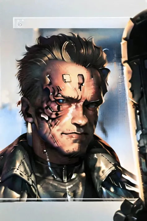 can you draw an expression more delicately,dark background，There are,Terminator soldiers have lots of rifles in the ruined city，Staring at me with a cute smile、  I want you to take a picture of your whole body   ，There are a lot of skeletal robots in the r...