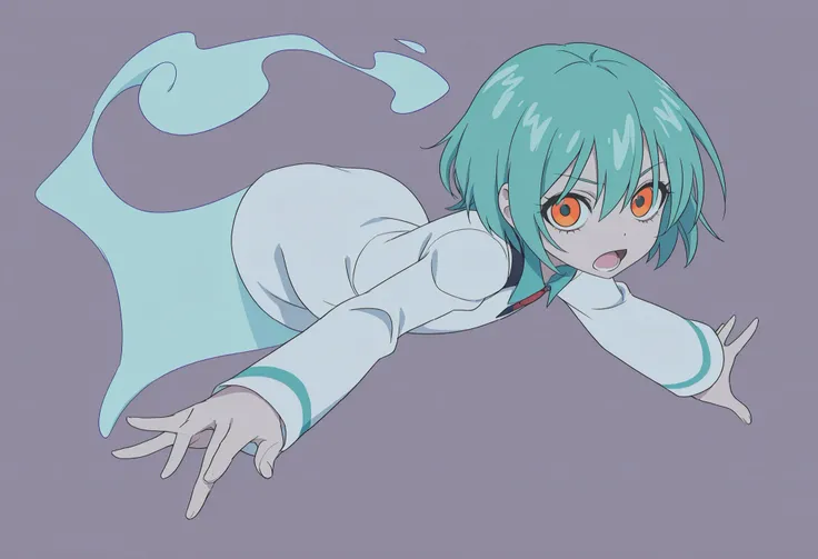 Anime Masterpiece、Highest Quality、super high resolution、clean line、Cell painting +soft gradation、Neon Tone。 Tight framing。One adorable ghost girl in a white uniform is floating。orange eyes。Bad look with dark eyes、 Mouth slightly open。 light blue short hai...