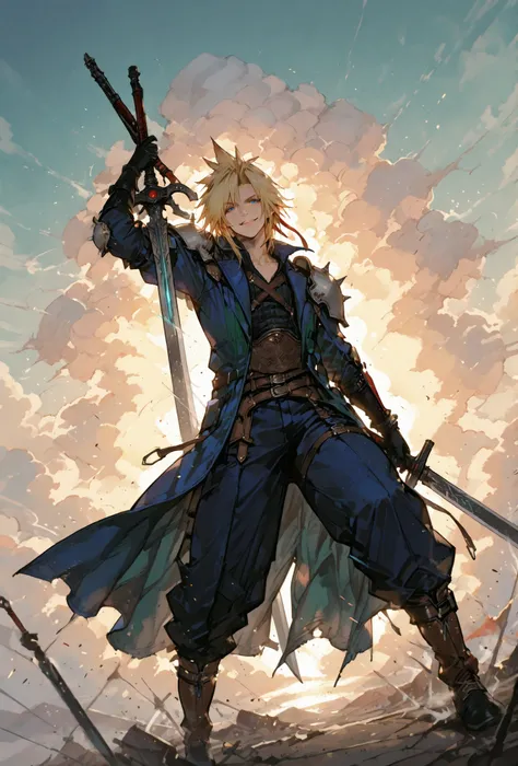 (score_9,score_8_up,score_7_up),((MAN, 1 MAN, CLOUD STRIFFE , FINAL FANTASY VII, CLOUD full SOLDIER clothers, WITH A BASTARD SWORD,), ,,extremely detailed,dynamic lighting,best quality,,,best quality,high quality,, , dynamic angle, , thick thighs, motion l...