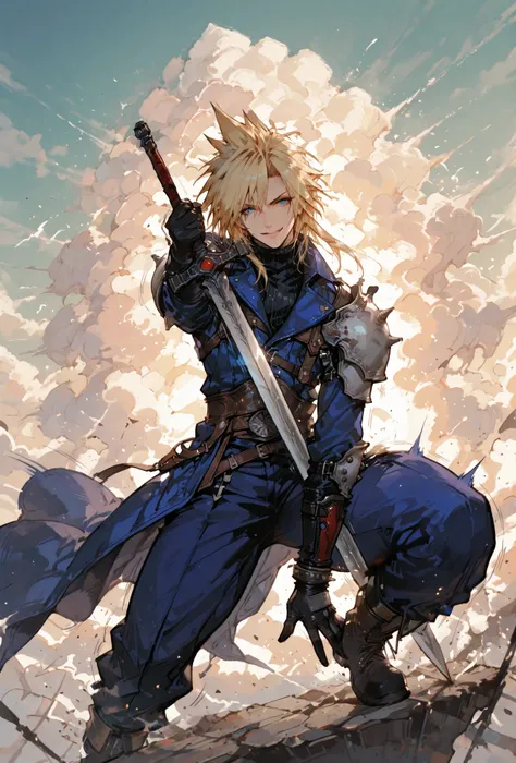 (score_9,score_8_up,score_7_up),((MAN, 1 MAN, CLOUD STRIFFE , FINAL FANTASY VII, CLOUD full SOLDIER clothers, WITH A BASTARD SWORD,), ,,extremely detailed,dynamic lighting,best quality,,,best quality,high quality,, , dynamic angle, , thick thighs, motion l...