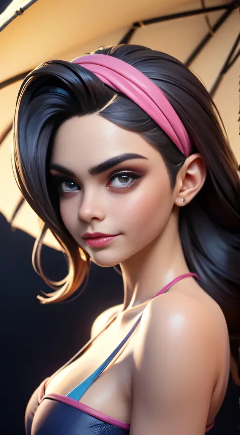 RAW digital art, ultra-realistic 3D render of a stunning woman resembling Cara Delevingne, ((highly detailed face:1.3)), flawless skin texture, expressive eyes with subtle reflections, soft shadows and cinematic studio lighting, Pixar-inspired style blendi...