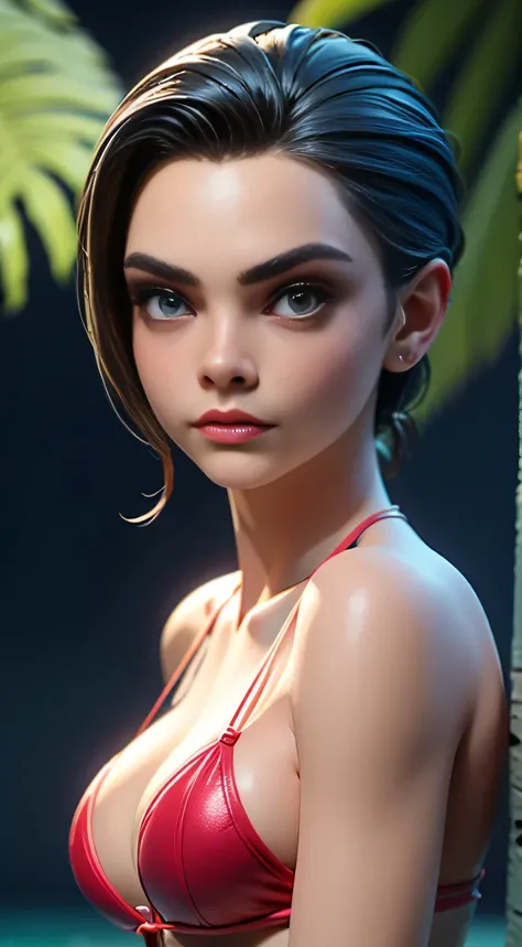 RAW digital art, ultra-realistic 3D render of a stunning woman resembling Cara Delevingne, ((highly detailed face:1.3)), flawless skin texture, expressive eyes with subtle reflections, soft shadows and cinematic studio lighting, Pixar-inspired style blendi...