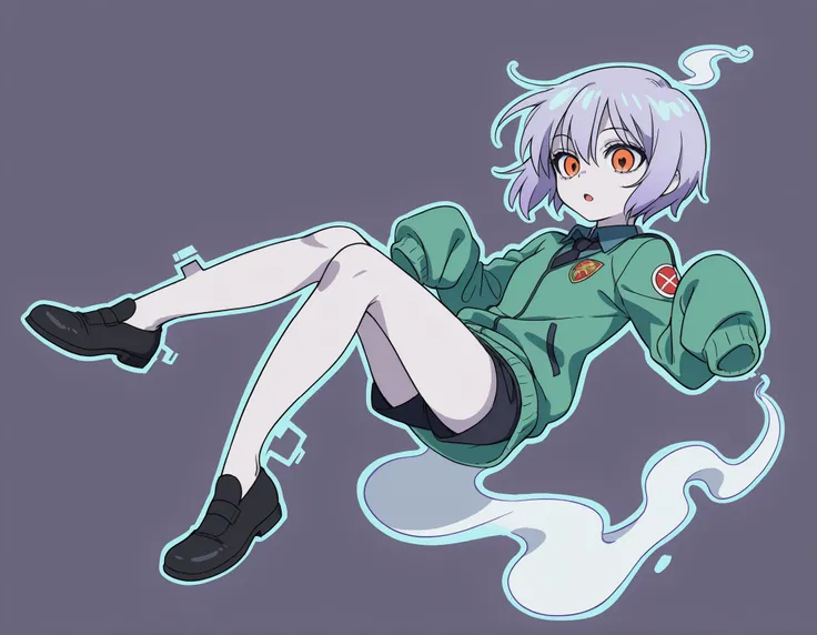 Anime Masterpiece、Highest Quality、super high resolution、clean line、Cell painting +soft gradation、Neon Tone。 Tight framing。One beloved ghost girl is floating。multiple small glitch rectangles along the outline of the body。orange eyes、Bad look with dark eyes...