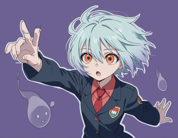 Anime Masterpiece、Highest Quality、super high resolution、clean line、Cell painting +soft gradation、Neon Tone。 Tight framing。orange eyes。One beloved ghost girl is floating、Bad look with dark eyes、 Mouth slightly open。 light blue short hair。Her lower body is ...