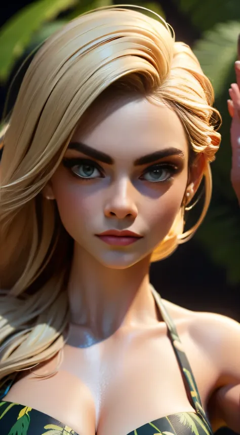 RAW digital art, ultra-realistic 3D render of a stunning woman resembling Cara Delevingne, ((highly detailed face:1.3)), flawless skin texture, expressive eyes with subtle reflections, soft shadows and cinematic studio lighting, Pixar-inspired style blendi...