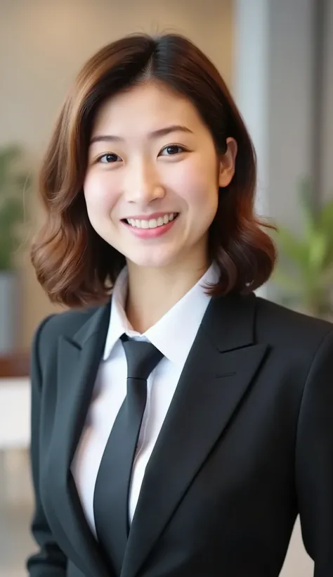 
Neat Young Woman、looking at the camera、office lady suit、jacket、shirt、necktie、 pale brown hair、耳にピアス、smile showing teeth、bust up shot、The background is office