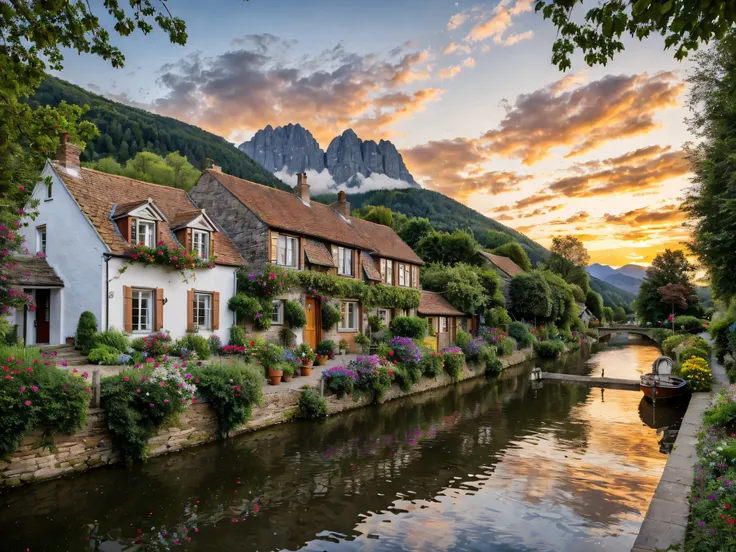 A small village by the river，Mountains in the background，Flowers in bloom，brightly colored， Detailed Scenery ，beautiful natural landscape，Mood lighting，Scorching sunset，Warm colors，practical，practical摄影， Detailed Leaves，Complex buildings，Cobbled Streets，ch...