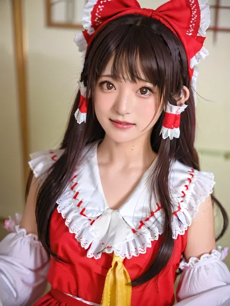 qgiel, solo, (smile:1.3), Looking at camera, 
cowboy shot, sexy pose, dynamic zngle,
hakurei_reimu_touhou,bow, hair_bow, hair_tubes, red_bow, brown_hair, long_hair, bangs, (hair tubes:1,5), (sidelocks:1.75), ascot, brown_eyes, frilled_bow, yellow_ascot, bl...