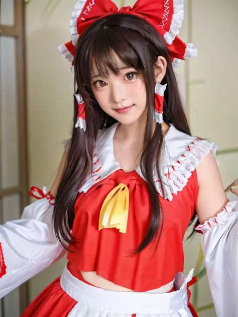 qgiel, solo, (smile:1.3),
cowboy shot, sexy pose, dynamic zngle,
hakurei_reimu_touhou,bow, hair_bow, hair_tubes, red_bow, brown_hair, long_hair, bangs, (hair tubes:1,5), (sidelocks:1.75), ascot, brown_eyes, frilled_bow, yellow_ascot, blush, smile, hair_bet...