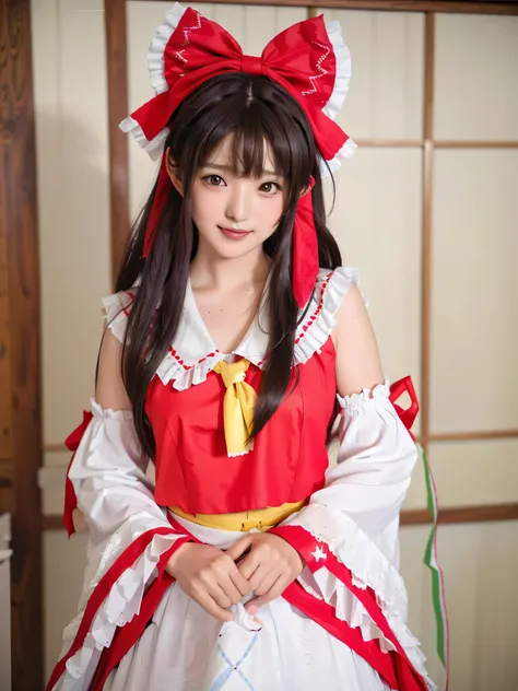 qgiel, solo, (smile:1.3),
cowboy shot, sexy pose, dynamic zngle,
hakurei_reimu_touhou,bow, hair_bow, hair_tubes, red_bow, brown_hair, long_hair, bangs, (hair tubes:1,5), (sidelocks:1.75), ascot, brown_eyes, frilled_bow, yellow_ascot, blush, smile, hair_bet...