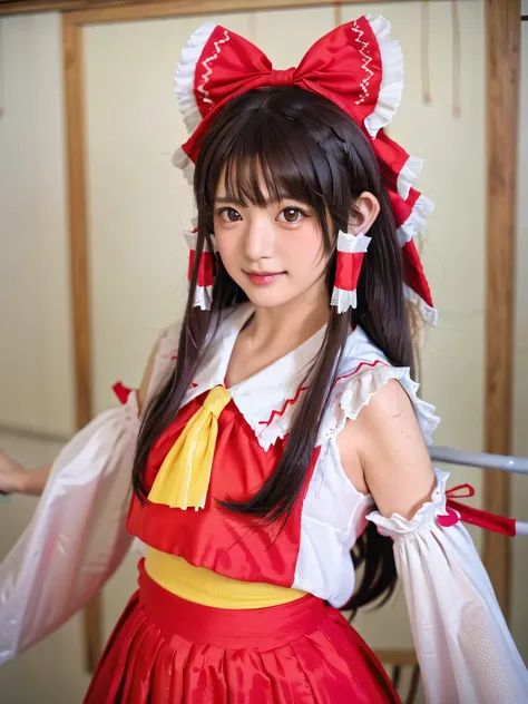 qgiel, solo, (smile:1.3),
cowboy shot, sexy pose, dynamic zngle,
hakurei_reimu_touhou,bow, hair_bow, hair_tubes, red_bow, brown_hair, long_hair, bangs, (hair tubes:1,5), (sidelocks:1.75), ascot, brown_eyes, frilled_bow, yellow_ascot, blush, smile, hair_bet...