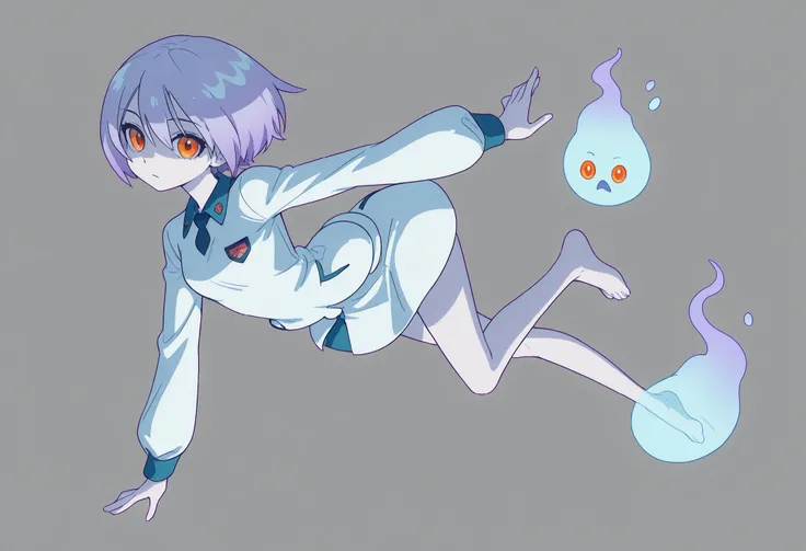 Anime Masterpiece、Highest Quality、super high resolution、clean line、Cell painting +soft gradation、Neon Tone。 Tight framing。One cute ghost girl in a white uniform is floating。multiple small glitch rectangles along the outline of the body。orange eyes、Bad loo...