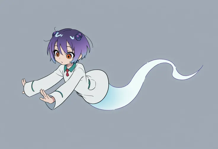 Anime Masterpiece、Highest Quality、super high resolution、clean line、Cell painting +soft gradation、Neon Tone。 Tight framing。One cute ghost girl in a white uniform is floating。multiple small glitch rectangles along the outline of the body。orange eyes、Bad loo...