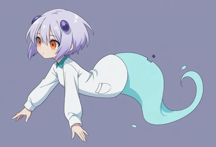 Anime Masterpiece、Highest Quality、super high resolution、clean line、Cell painting +soft gradation、Neon Tone。 Tight framing。One cute ghost girl in a white uniform is floating。multiple small glitch rectangles along the outline of the body。orange eyes、Bad loo...